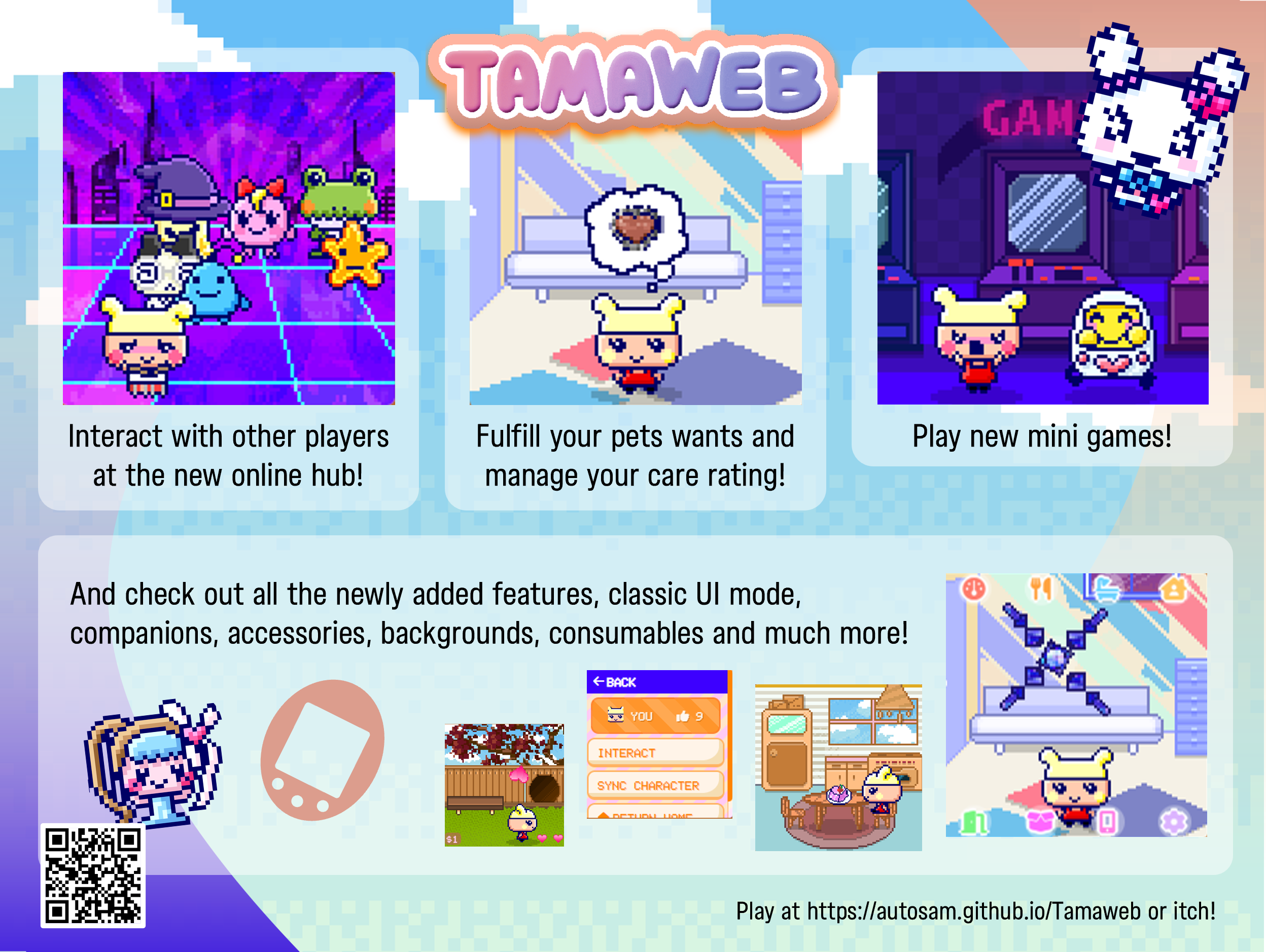 Tamaweb virtual pet gameplay and pixel-art characters in its official update artwork